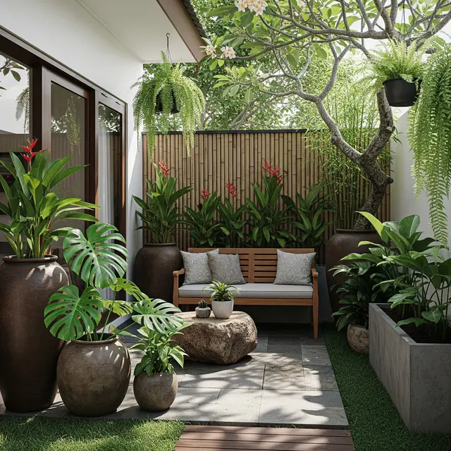 9 Model Teras Rumah Minimalis Ala Taman Tropis dengan Pot Besar, Kesejukan Alami