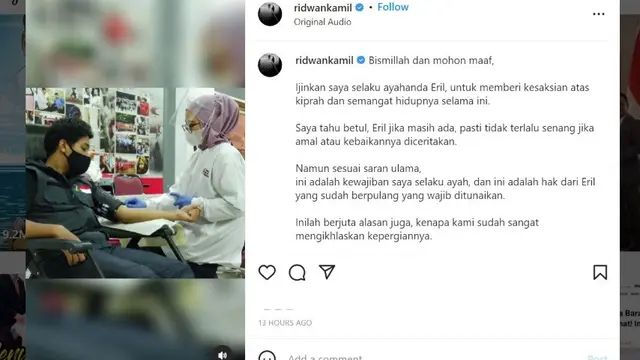 Gubernur Jawa Barat Ridwan Kamil menulis pesan haru sampaikan kebaikan sang anak, Emmeril Kahn Mumtadz atau Eril semasa hidup.