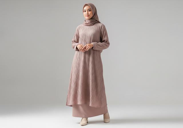 Gamis Tunik Berbahan Crinkle/Model Gamis Tunik Ala Gen Z untuk Ramadhan 2026 (Sumber; gemini.com)