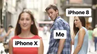 Salah satu meme populer yang dijadikan bahan guyonan peluncuran iPhone X dan iPhone 8. (Foto: Twitter)