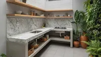 Inspirasi Dapur Outdoor Lahan Sempit dengan Meja Cor Minimalis. Foto: Gemini