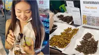Natasha Wilona di pasar malam Thailand mencicipi ulat dan belalang goreng. (Sumber: YouTube/Natasha Wilona)