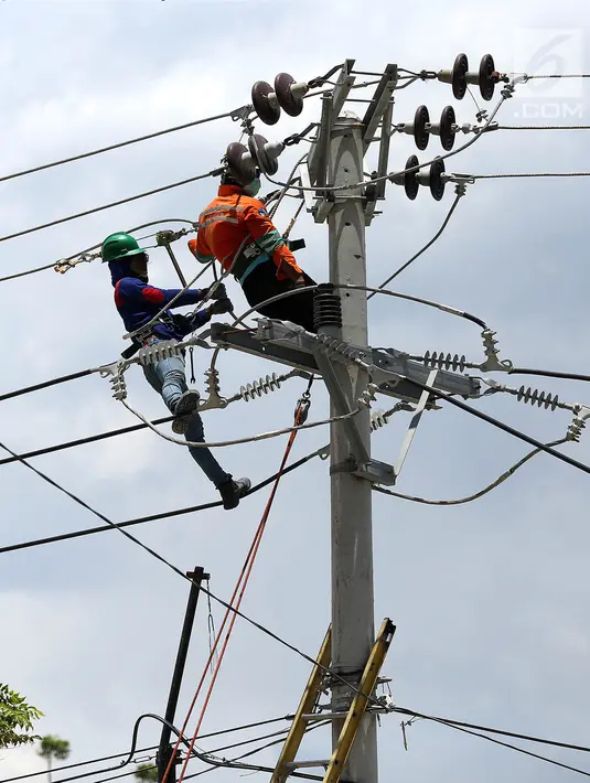 Petugas PLN memperbaiki jaringan listrik di Palu, Sulawesi Tengah, Sabtu (6/10). PT Perusahaan Listrik Negara (PLN) memastikan kondisi listrik di Kota Palu semakin membaik pasca gempa dan tsunami. (Liputan6.com/Fery Pradolo)