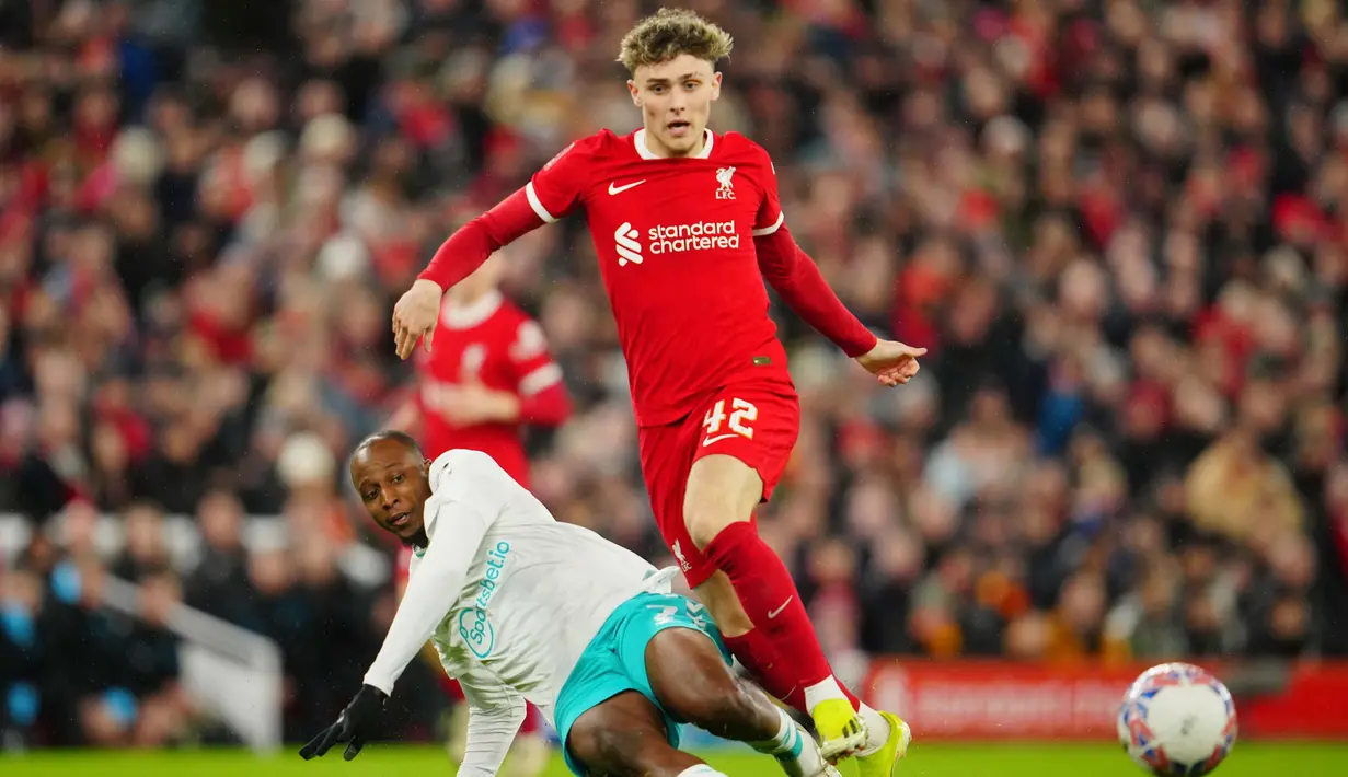 Dua gol Jayden Danns pada menit ke-73 dan 88 menambah keunggulan Liverpool. (AP Photo/Jon Super)