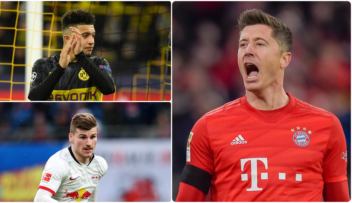 Robert Lewandowski kian perkasa di puncak top skor Bundesliga 2019/2020. Gol tunggal ke gawang Werder Bremen menjadi gol ke-31 miliknya di kompetisi Bundesliga dan membawa Bayern Munchen mengamankan titel juara musim ini. Berikut top skor Bundesliga 2019/2020. (kolase foto AFP)