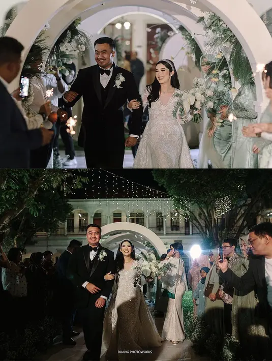 Gaun two look model v-neck itu hadir dengan ekor panjang yang bisa dilepas pasang. [Foto: IG/faynabilalxndr].