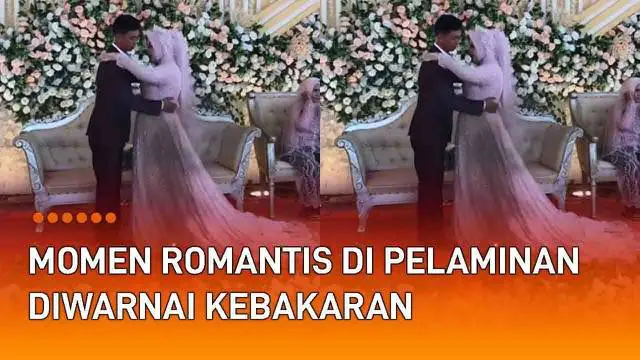 Detik-detik insiden terekam kamera tamu resepsi pernikahan. Pembawa acara memberi aba-aba pengantin untuk mencium kening. Momen romantis itu seketika berubah setelah kembang api menyulut hiasan bunga.