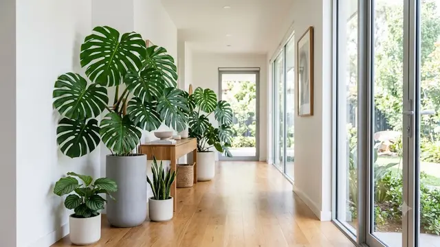 Ide Taman Mini di Lorong Rumah dengan Tanaman Berdaun Lebar