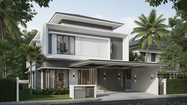 Rumah Dua Lantai dengan Atap Datar Bertingkat (2 Trap)