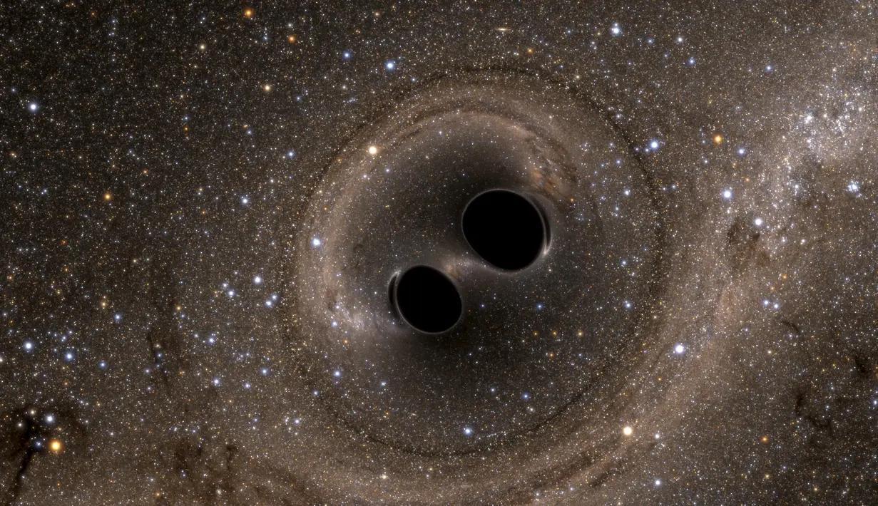 Lubang hitam saling mendekat terdeteksi oleh Laser Interferometer Gravitational -Wave Observatory  (LIGO) dengan menggunakan simulasi gambar komputer, Washington, (11/2).Gambar tersebut menujukkan bahwa adanya gelombang gravitasi. (REUTERS / Caltech)