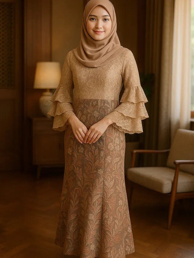 Model Batik Brokat Kombinasi Lengan Pagoda Tiga Lapis