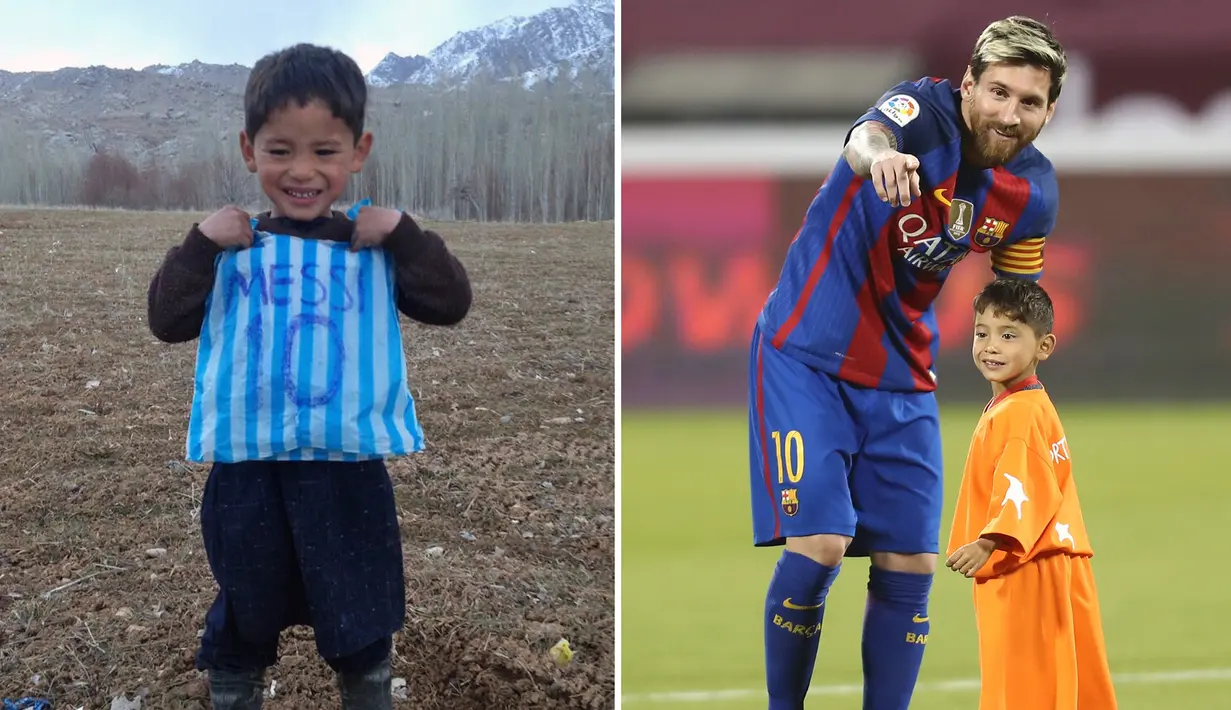 Bintang Barcelona Lionel Messi akhirnya bertemu dengan bocah asal Afghanistan Murtaza Ahmadi (6 tahun) di Doha, Selasa (13/12/2016). (AFP)