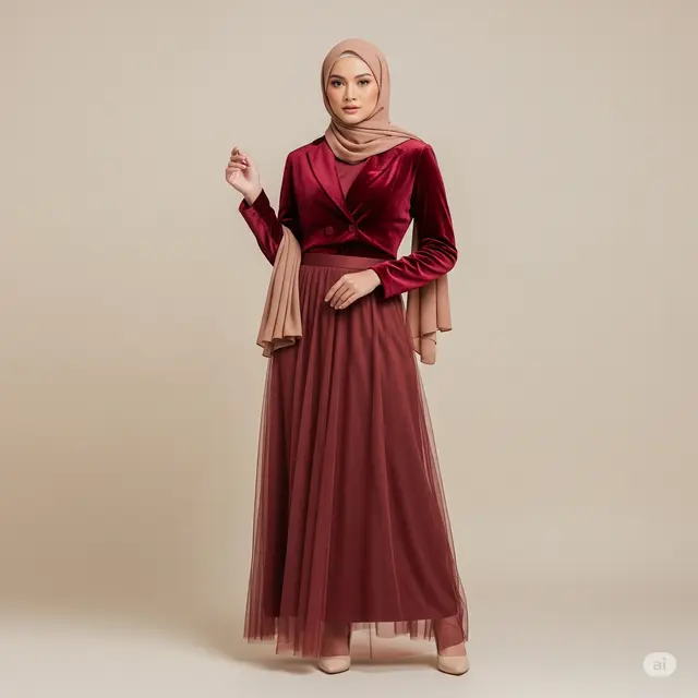 Inspirasi Setelan Baju Pesta Muslimah Blazer Rok Panjang.
