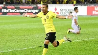 Faisal Halim berhasil menjadi pencetak gol terbanyak kedua di Piala AFF 2022. Penyerang Timnas Malaysia tersebut berhasil mencetak 4 gol pada ajang tersebut. Faisal Halim berhasil mencetak 3 gol saat fase gugur, yaitu saat melawan Myanmar (1) dan Laos (2). Sementara satu gol sisasnya dicetak saat leg pertama partai semifinal melawan Thailand. (AFP/Mohd Rasfan)