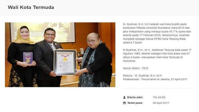 Gambar Tangkapan Layar Penghargaan MURI untuk Wali Kota Termuda (sumber: muri.org)