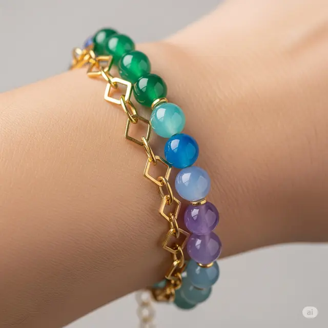 Gelang Giok Multi-Warna Gradient dengan Rantai Emas