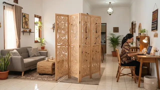 Ide pembatas ruangan untuk rumah kecil menggunakan sketsel berbagai motif unik model motif daun untuk memisahkan ruang santai