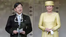 Kaisar Jepang Naruhito didampingi Permaisuri Masako berpidato dihadapan simpatisan dalam penampilan perdananya ke publik di Istana Kekaisaran di Tokyo, Jepang (4/5/2019). Dalam pidatonya, Kaisar Naruhito meminta semua pihak bekerja sama untuk menciptakan perdamaian dunia. (AP Photo/Eugene Hoshiko)