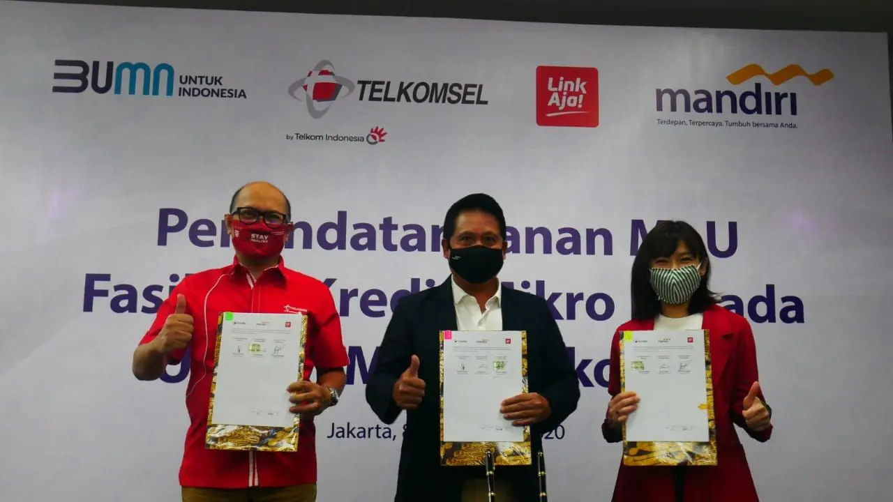 Bank Mandiri bersinergi dengan Telkomsel dan LinkAja dalam menyalurkan fasilitas kredit mikro bagi mitra Telkomsel melalui Digipos. (Dok Bank Mandiri)