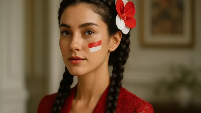 Model Rambut Kepang 2 dengan Aksesori Merah Putih di Wajah
