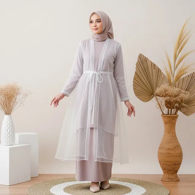 Tren Baju Lebaran 2026 untuk Keluarga Model Gamis Outer Transparan dengan Tali Pinggang