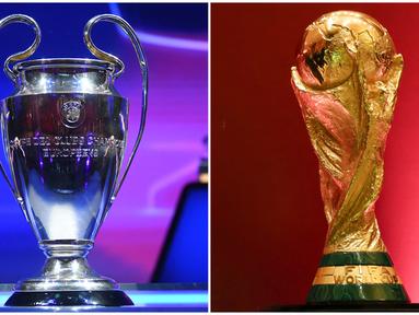 Trofi Liga Champions dan Piala Dunia merupakan dua gelar bergengsi di pentas sepak bola dunia. Kedua trofi tersebut merupakan kebanggaan bagi pesepak bola profesional yang bermain di klub liga top eropa dan juga tim nasional. (Kolase AFP)