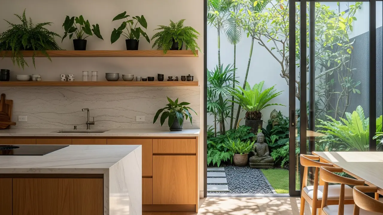 Dapur Mini Ala Japandi dengan Tanaman Hias di Rak Ambalan