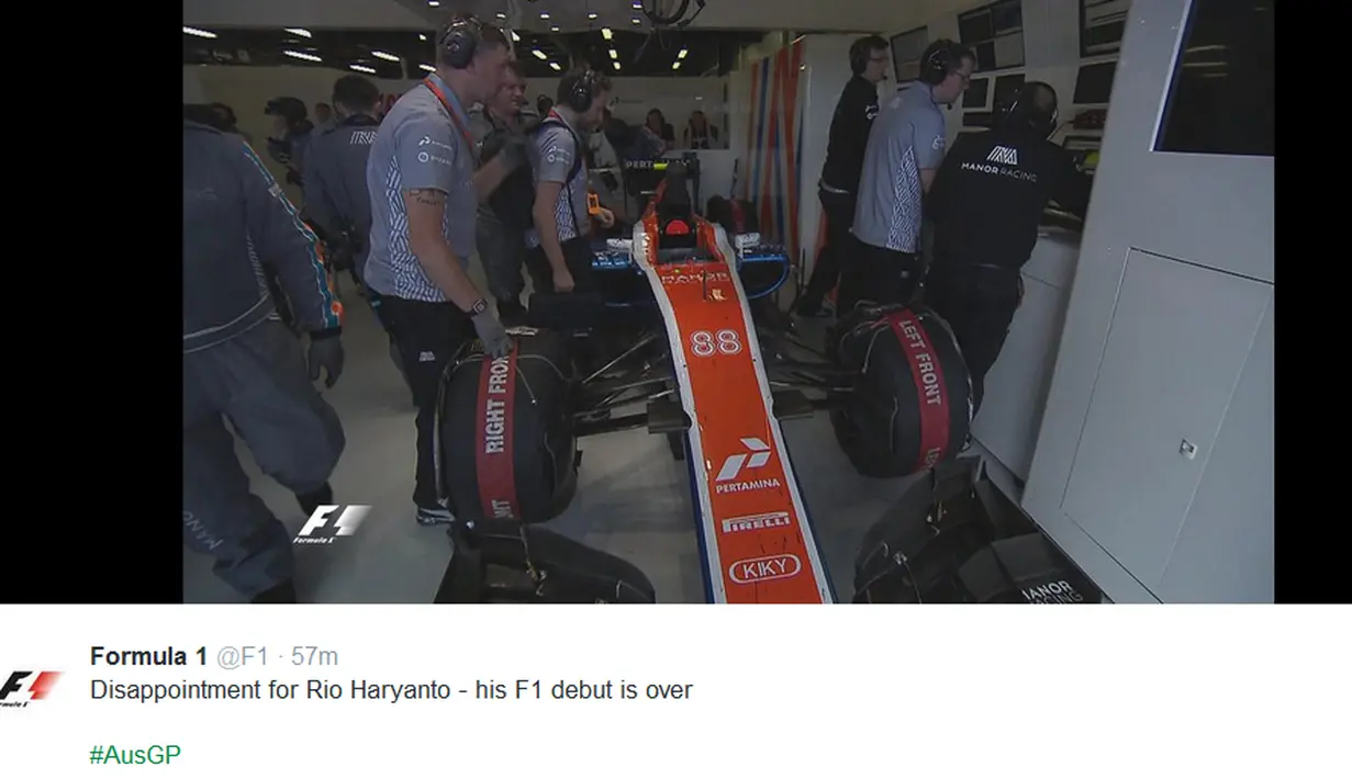 Rio Haryanto harus berhenti balapan karena ada kerusakan mobil saat balapan F1 GP Australia di Sirkuit Albert Park, Australia, Minggu (20/3/2016). (Bola.com/Twitter)