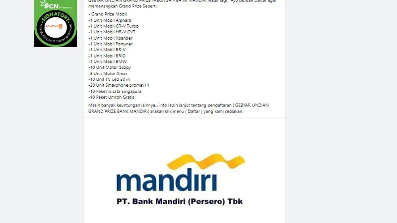 Tangkapan layar klaim pendaftaran gebyar undian grand prize tabungan Bank Mandiri,