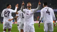 Pemain sayap Aston Villa, Marco Asensio, merayakan gol ke Club Brugge dalam pertandingan leg pertama babak 16 besar Liga Champions, Rabu dini hari WIB (5-3-2025). (www.avfc.co.uk)