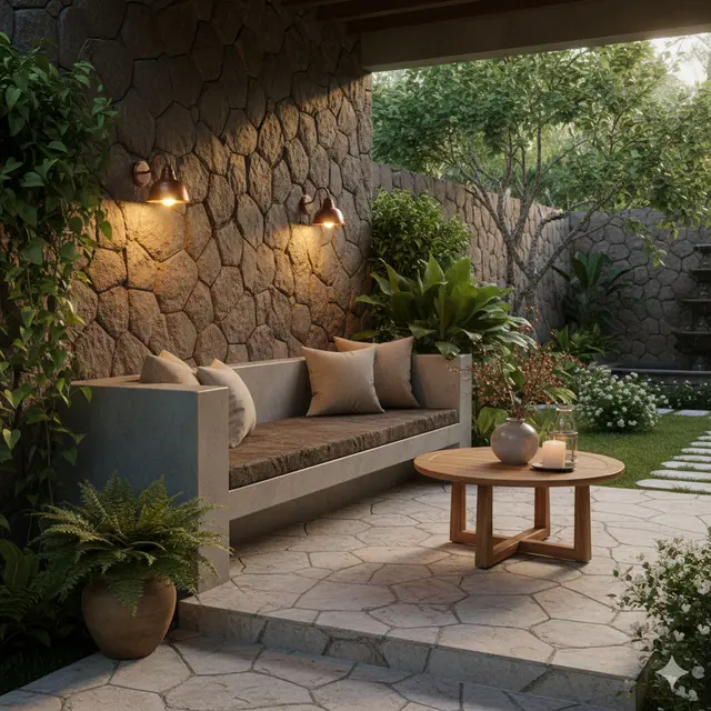 Desain Teras dengan Tempat Duduk Cor Menyatu Dinding (Foto: Gemini AI)