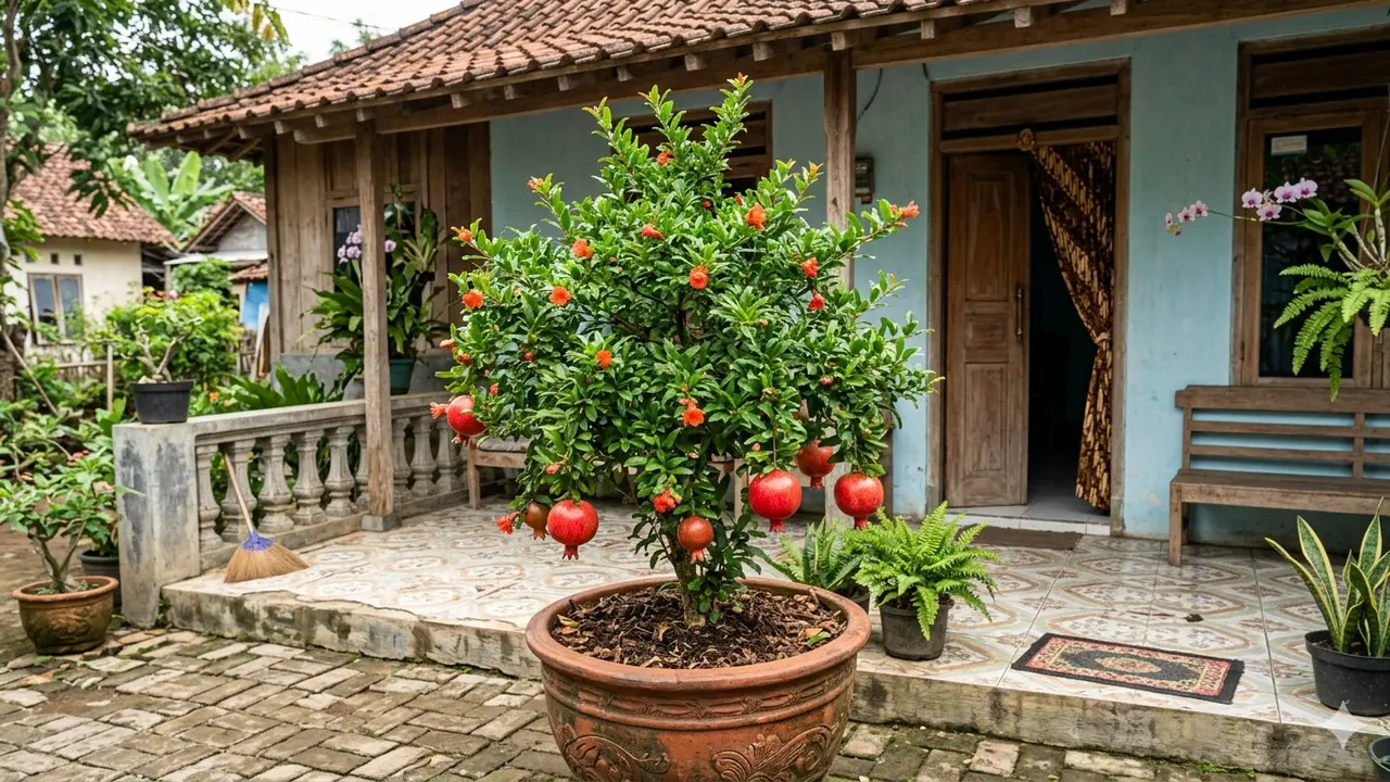 Pohon Buah dalam Pot Bentuk Rapi untuk Penghias Teras