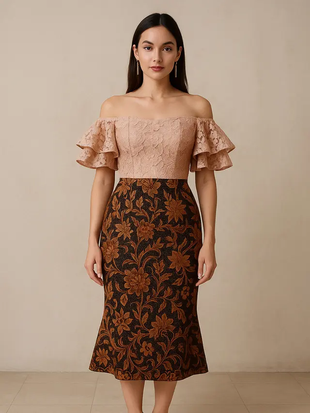 Model Batik Brokat Kombinasi Lengan Ruffle Modern