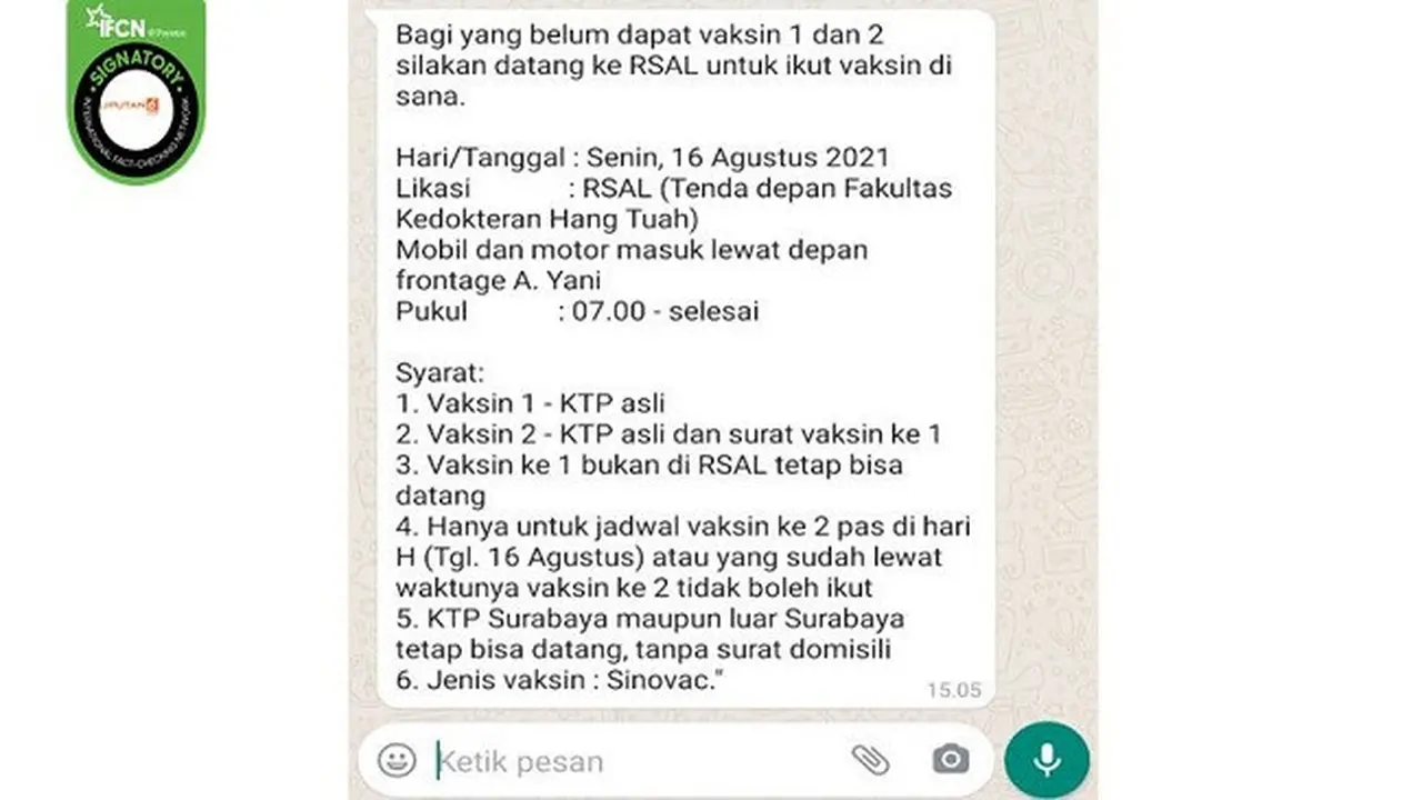 Gambar Tangkapan Layar Kabar RSPAL Dr Ramelan Surabaya Gelar VaksinasiCovid-19 pada 16 Agustus 2021 (sumber: WhatsApp).