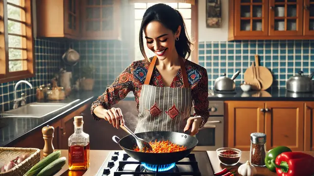 seorang perempuan wanita sedang menumis sambal di wajah dapur