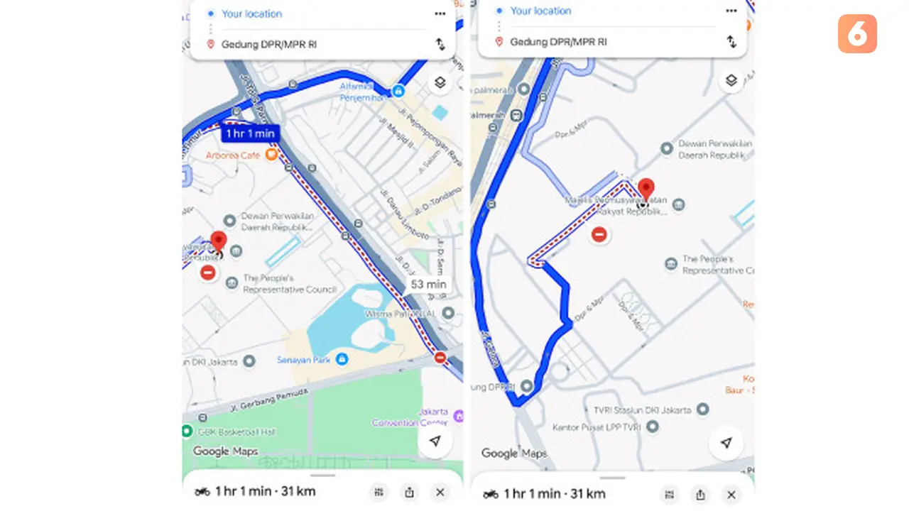 Tampilan Google Maps arah Gedung DPR/MPR