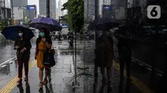 Pejalan kaki menggunakan payung saat hujan di kawasan Jakarta, Selasa (16/2/2021). Setelah memulai vaksinasi COVID-19 tahap pertama dengan sasaran petugas kesehatan, kini pemerintah menargetkan lansia dan petugas pelayanan publik untuk penerima vaksinasi tahap kedua. (Liputan6.com/Johan Tallo)