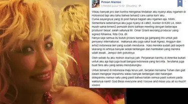 Melalui akun Facebook-nya, Pinkan Mambo menjawab kabar ngamen yang ramai diperbincangkan di Indonesia. (Facebook.com/pinkan.mambo)