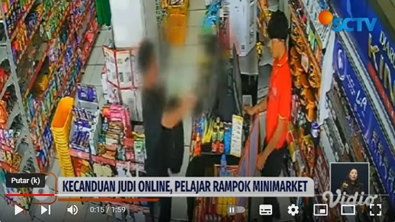 Seorang pelajar SMK di Cianjur, Jawa Barat nekat merampok sebuah minimarket lantaran dipicu terjerat utang dan kecanduan judi online. (YouTube Liputan6)