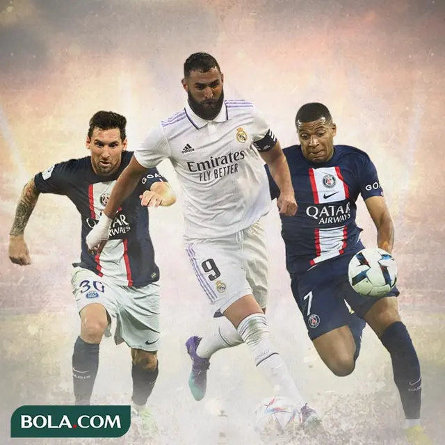 Ilustrasi - Lionel Messi, Karim Benzema, Kylian Mbappe