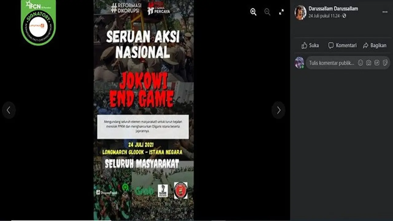 Gambar Tangkapan Layar Poster Hoaks Unjuk Rasa Jokowi End Game (sumber: Facebook).