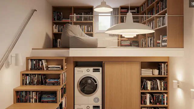 Inspirasi Rumah Kecil Mezzanine dengan Area Laundry Tersembunyi di Bawah Tangga/ Ilustrasi gambar AI