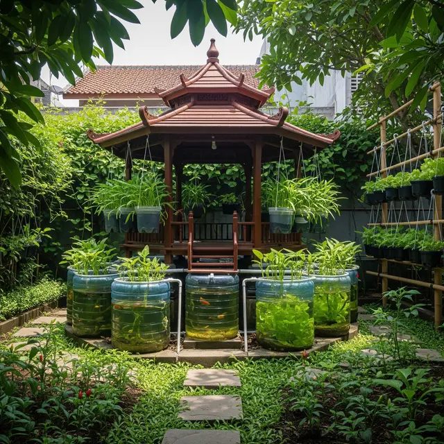 Inspirasi Urban Farming dengan Kombinasi Galon Ikan dan Sayuran Gantung (AI)