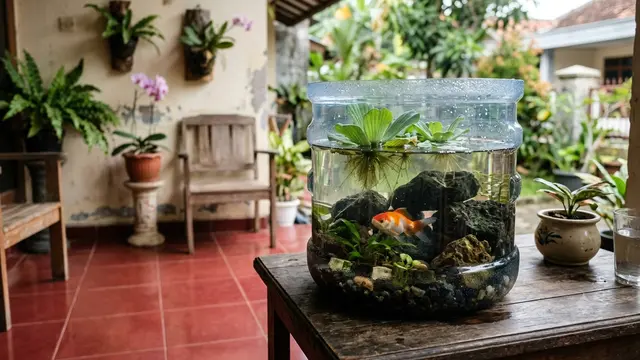 Ide Dekorasi Kolam Galon Bekas dengan Batu Alam dan Tanaman Air, Asri, Cantik dan Hemat Biaya