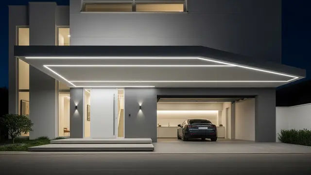 Fasad Rumah Futuristik dengan Kanopi Floating dan Pencahayaan LED (Ilustrasi Foto: AI)