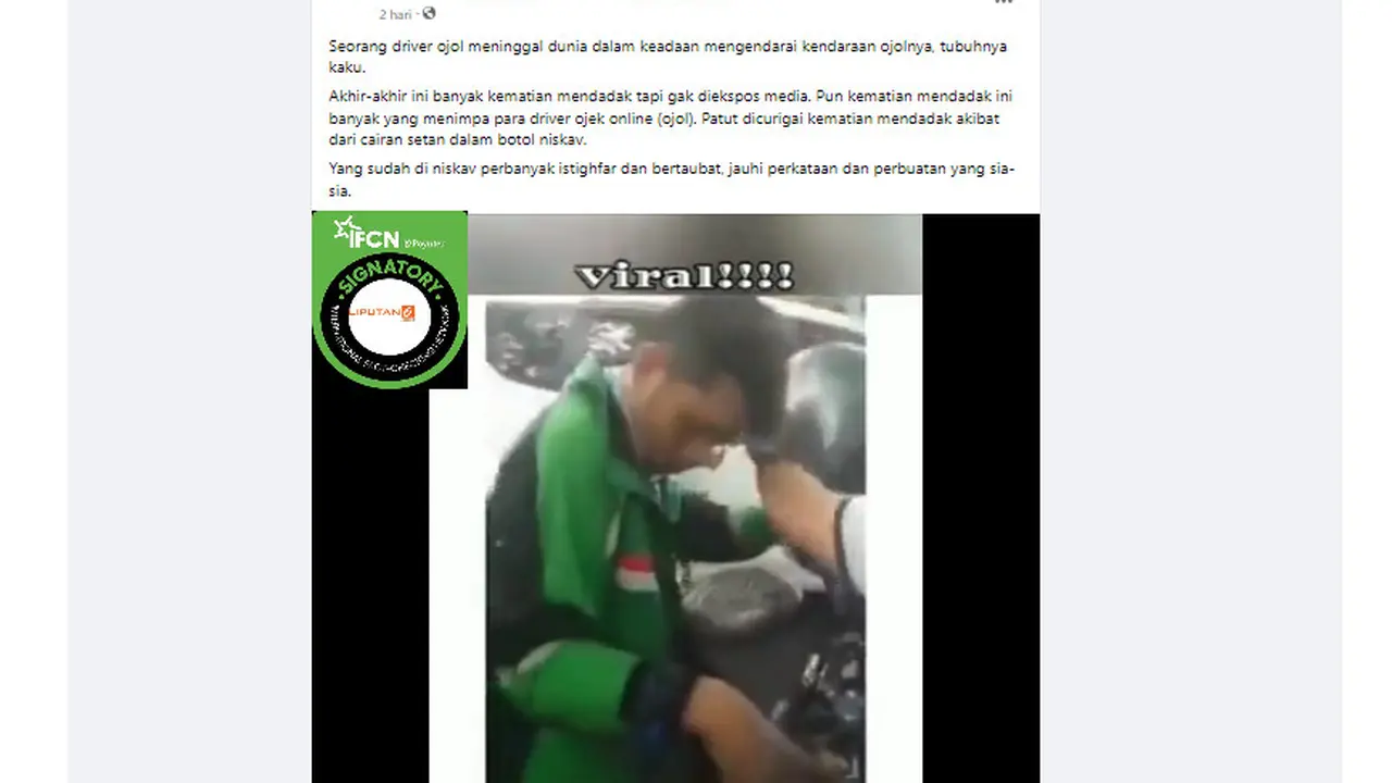 Tangkapan layar  klaim video pengemudi ojol meninggal saat berkendara akibat vaksin