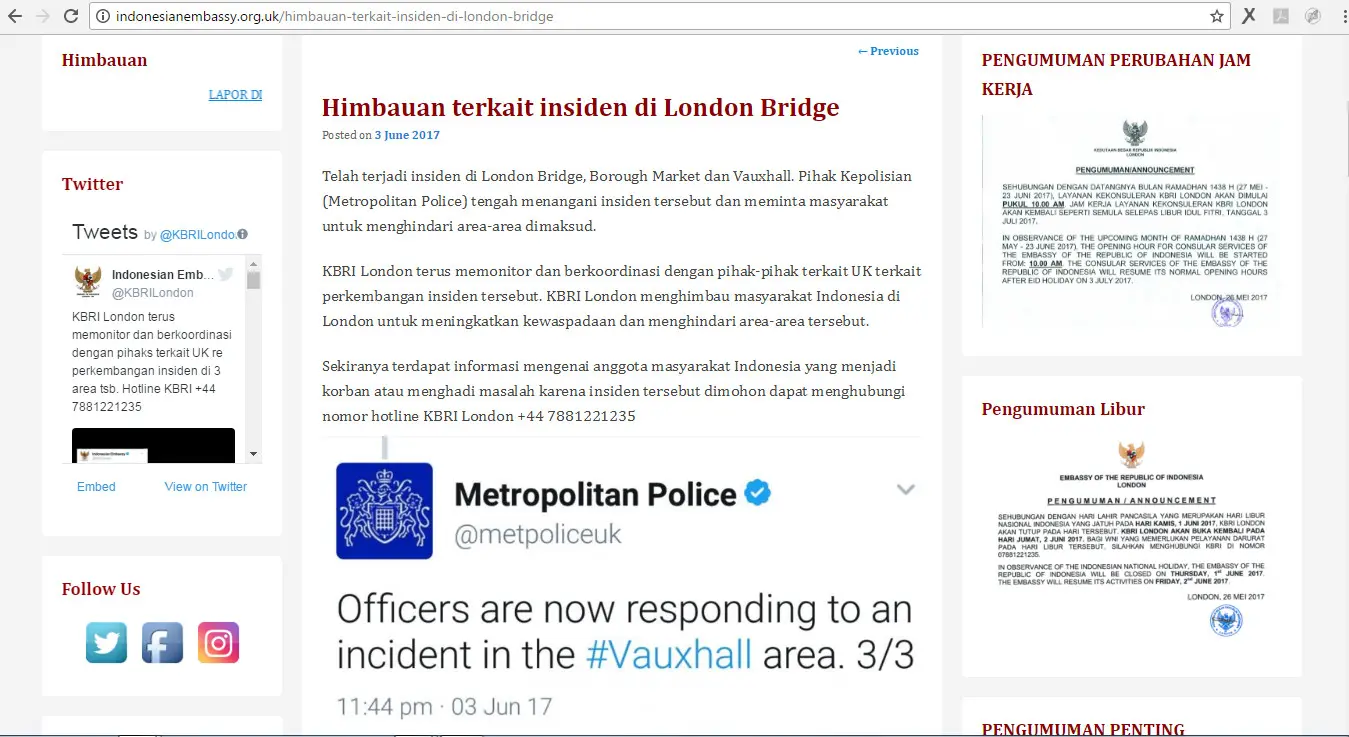 Imbauan KBRI London kepada WNI terkait peristiwa teror di London Bridge dan Borough Market, 3 Juni 2017 (KBRI London)