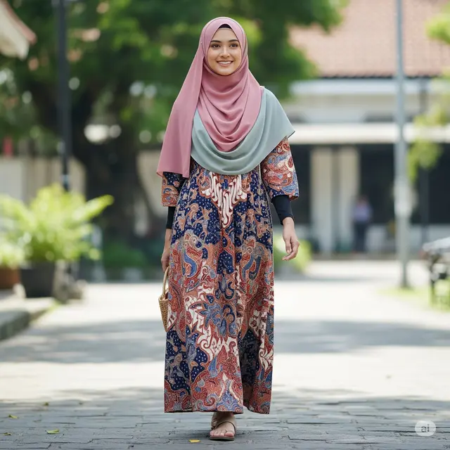 Gamis Batik Empire Waist Lengan ¾