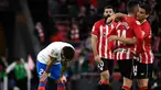 Reaksi gelandang Barcelona, Ilkay Gundogan (kiri) pada akhir pertandingan sepak bola Liga Spanyol melawan Athletic Club Bilbao di Stadion San Mames, Bilbao pada 3 Maret 2024. (ANDER GILLENEA/AFP)