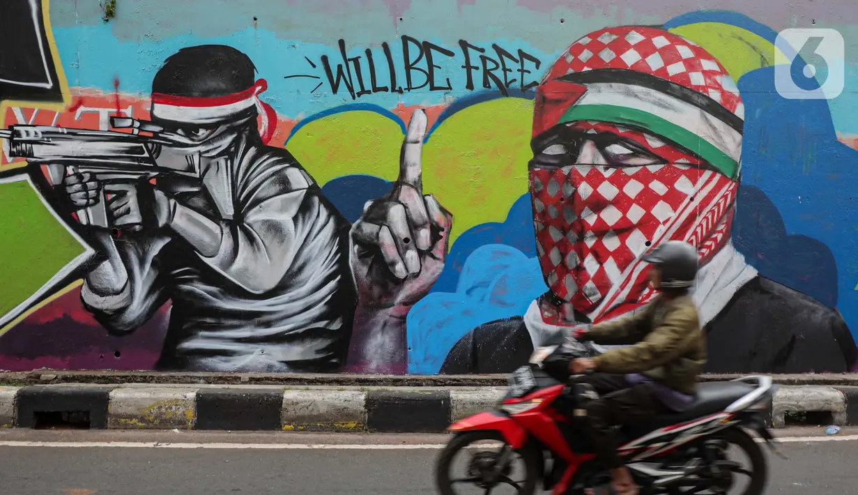Karya seni mural tersebut dibuat oleh sejumlah seniman mural dan grafiti sebagai bentuk dukungan dan solidaritas untuk bangsa Palestina. (Liputan6.com/Angga Yuniar)